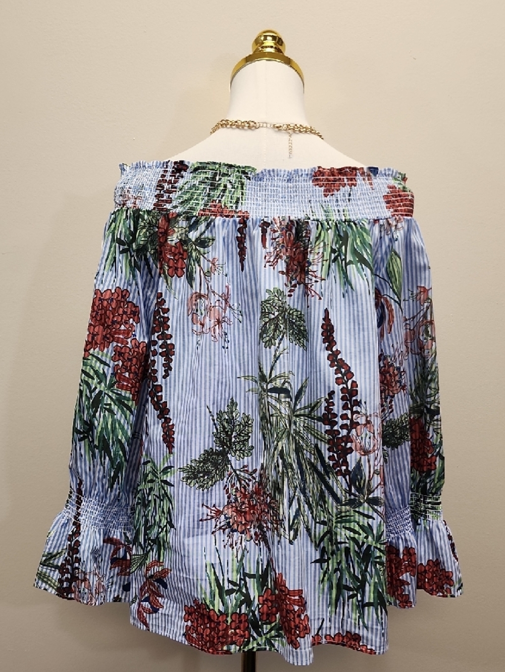 Tommy Hilfiger Off Shoulder Blouse Blue Stripe Floral Long Sleeve Size Medium - Picture 3 of 12